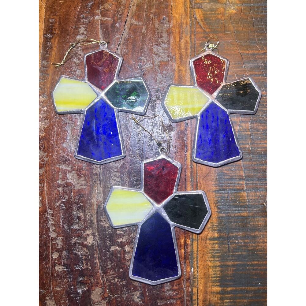 Lot Of 3 Beautiful Stained Glass 5” Cross Ornaments Suncatchers Religious